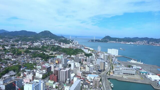 高層タワーから見える関門海峡周辺の風景  4K  山口県下関市の街並み
