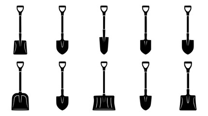 Shovel and Spade Silhouette Icon Set with Gardening Agriculture Farming Snow Removal and Construction Digging Equipment Tools Vector Black Isolated Illustration © Kulsum
