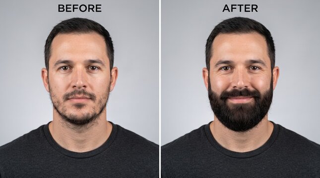 Before and after comparison of a man with short stubble versus a full thick beard