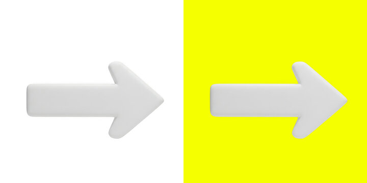 Simple 3D white arrow pointing to the right side on yellow and plain background isolated on transparent background