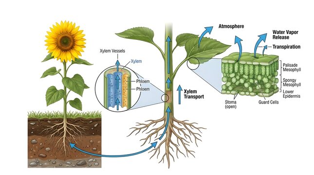 Detailed plant anatomy diagram of sunflower featuring leaf mesophyll and xylem vessel transport