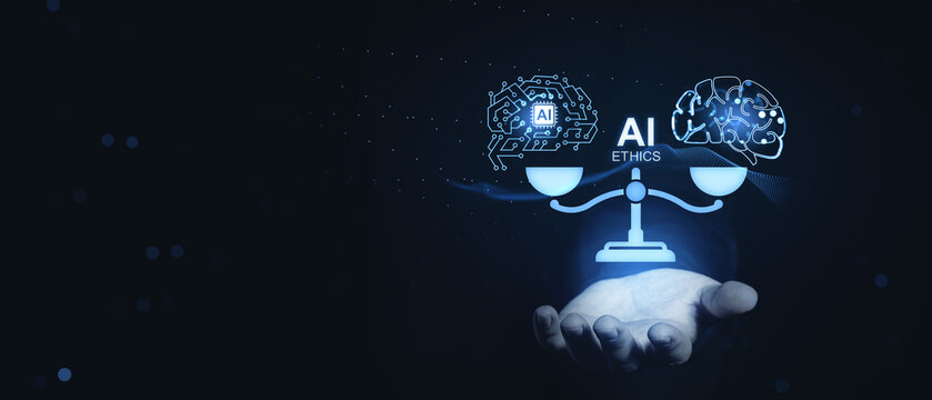 Glowing AI ethics balance with brain and chip symbols above an open hand on a dark futuristic background, responsible technology concept.