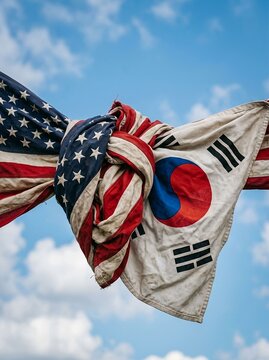 Political Alliance and Conflict of USA and South Korea. Geopolitical conflict, diplomatic tension, strained alliance, security concerns, trade disputes, and complex international relations