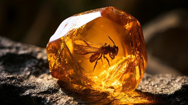 Ancient Wasp Preserved Inside a Piece of Fossilized Amber.