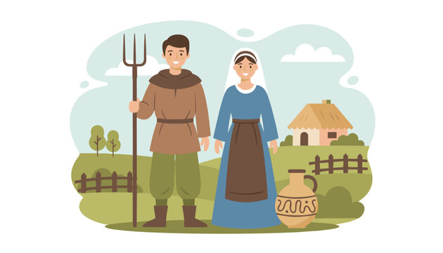 Medieval peasant couple with a man holding a pitchfork and a woman in a blue gown standing in front of their cottage.