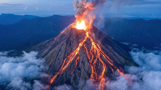 Violent volcanic eruption spewing glowing molten lava down steep mountain slopes under twilight sky