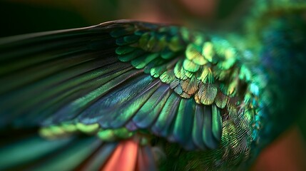 Fototapeta premium Close up macro shot of iridescent hummingbird feathers showing vibrant green and blue textures.
