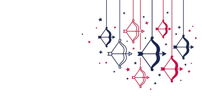 Minimalist horizontal vector illustration of hanging cupid bows suspended from thin strings on pure white background
