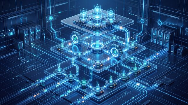 Futuristic digital network design showcasing interconnected circuits and glowing nodes.
