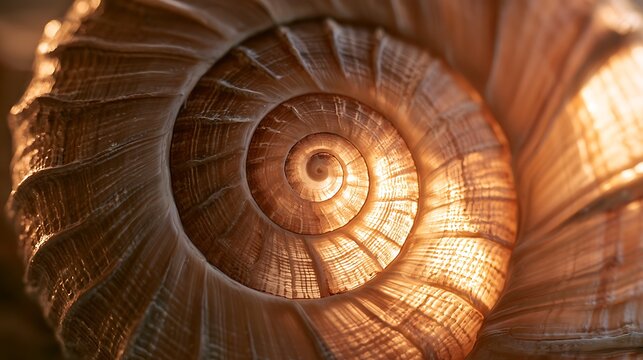 Close up macro view of a natural spiral snail shell texture.