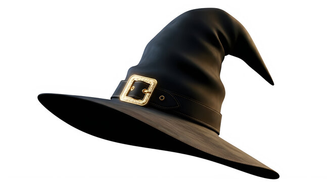 Black witch hat with a golden buckle isolated for halloween party and magic costume isolated on transparent background