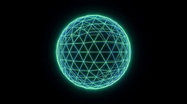 A glowing neon green wireframe sphere composed of interconnected triangular polygons floating in a dark black space representing digital data