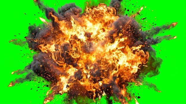 Realistic fire explosion VFX overlay, huge orange and yellow flame burst expanding outward, detailed fire particles, smoke debris, cinematic explosion effect, isolated on bright green screen backgroun