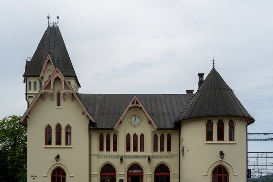 Halden railway station building exterior in &Oslash;stfold, Norway