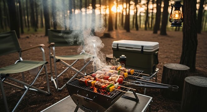Outdoor camping barbecue scene with small grill, meat skewers cooking over fire