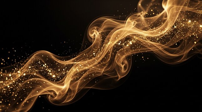 Luxury golden smoke overlay on black background, elegant flowing gold dust particles mixed with soft smoke waves, cinematic lighting, premium abstract atmosphere