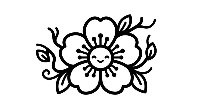 Cute Happy Flower with Smiling Face, Black and White Line Art