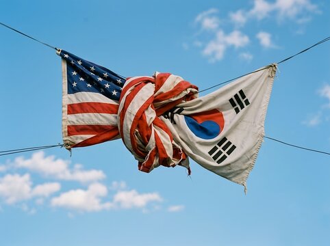 Political Alliance and Conflict of USA and South Korea. Geopolitical conflict, diplomatic tension, strained alliance, security concerns, trade disputes, and complex international relations