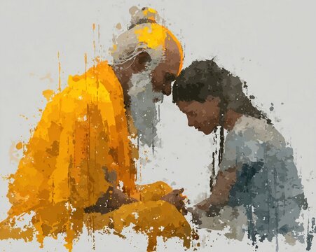 Watercolor-style image of a guru blessing a disciple for Guru Purnima celebration