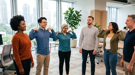 Obraz premium Group of diverse professionals engaging in a team-building exercise in a modern office environment.