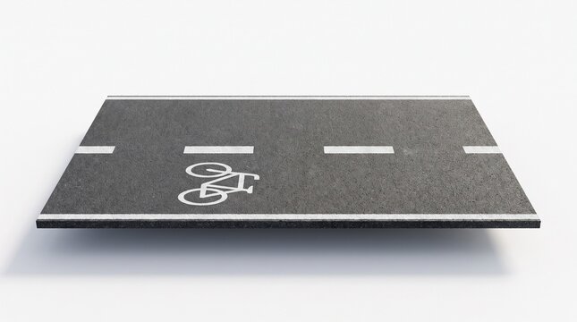 Isometric perspective piece of asphalt road with bike lane marking isolated on white background 3d rendering illustration