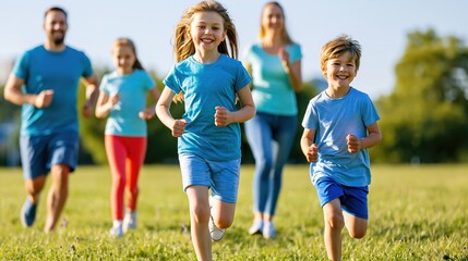 Obraz premium Family running playfully together in coordinated summer sportswear outdoors