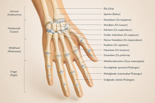 AI generated medical illustration of hand skeleton anatomy labeled carpal metacarpal phalanges radius ulna wrist bones for education healthcare anatomy reference