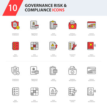 Governance, Risk and Compliance icon collection featuring compliance management, audit workflows, enterprise risk, internal controls, and corrective actions.
