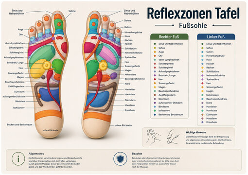 AI generated detailed foot reflexology zone chart color coded pressure areas organ mapping for wellness massage therapy education holistic healthcare clinical reference
