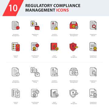 regulatory compliance management icon collection featuring regulatory reporting, audit findings, certification management, ethics reporting, and compliance verification.
