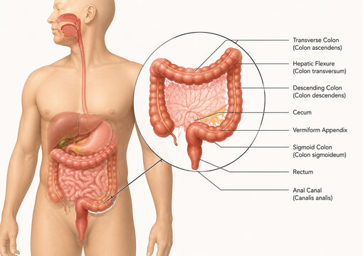 AI generated medical illustration of human colon anatomy digestive system labels educational healthcare infographic showing large intestine rectum appendix abdominal organs