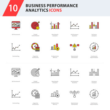 business performance analytics icon collection featuring KPI scorecards, forecasting, benchmarking, productivity metrics, and continuous improvement.
