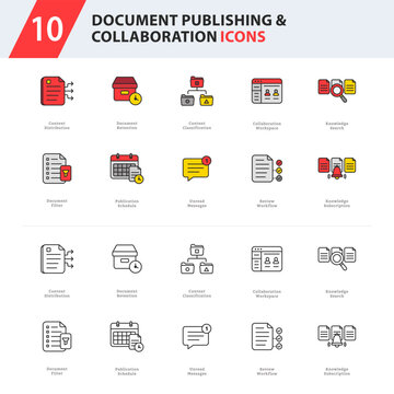 document publishing and collaboration icon collection featuring document governance, collaboration workspaces, review workflows, and knowledge sharing.
