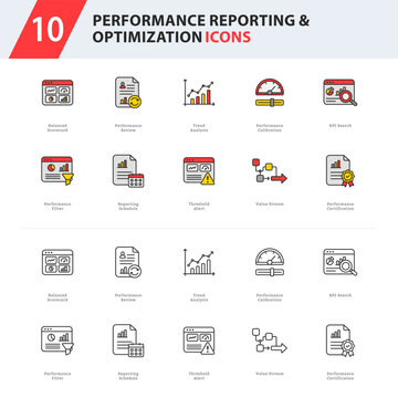 performance reporting and optimization icon collection featuring scorecards, trend analysis, reporting schedules, operational monitoring, and value stream management.
