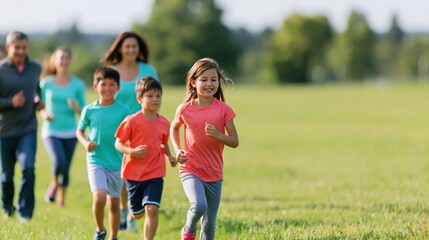 Obraz premium Family jogging together on open green lawn during weekend fitness activity