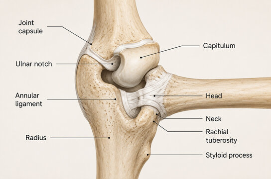 AI generated detailed elbow joint anatomy diagram showing radius ulna capitulum annular ligament joint capsule radial landmarks for medical education healthcare clinical reference