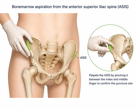 AI generated detailed anterior superior iliac spine anatomy diagram showing ASIS pelvic landmarks palpation technique bone marrow aspiration site for medical education clinical reference