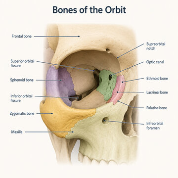 AI generated detailed orbital bone anatomy diagram showing frontal sphenoid ethmoid lacrimal zygomatic maxilla palatine bones orbital landmarks for medical education clinical reference
