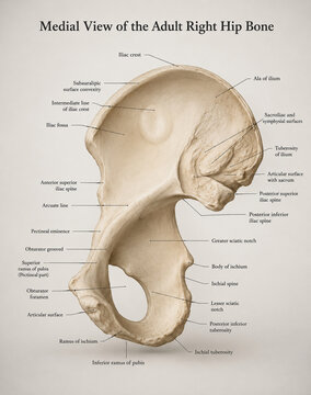 AI generated detailed medial view of the adult hip bone showing ilium ischium pubis acetabulum sciatic notches anatomical landmarks for medical education clinical reference