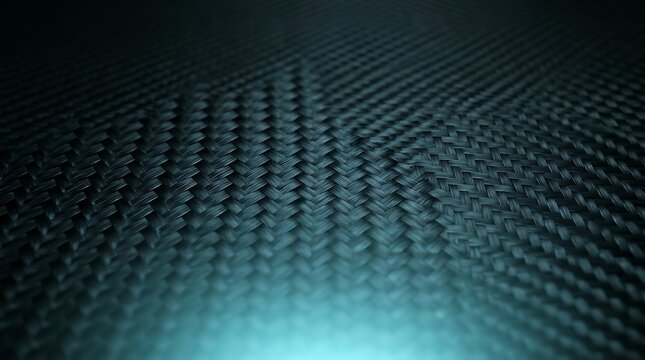 Close up of a carbon fiber weave texture with a glowing cyan light reflection on the bottom edge of the dark woven composite