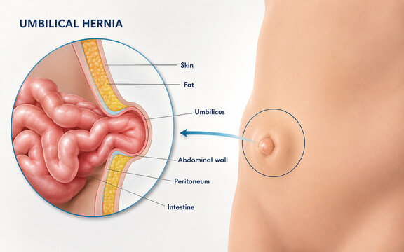 AI generated medical illustration explaining umbilical hernia anatomy abdominal wall cross section intestine protrusion labeled educational healthcare infographic for medical learning diagnosis