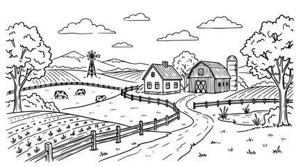Fototapeta premium Rural Farm Landscape Line Art Vector Illustration with Farmhouse Barn Silo Windmill and Grazing Cattle for Countryside Graphic Design Projects