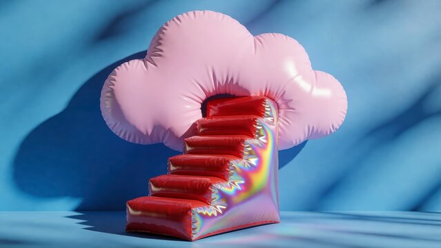 Inflatable stairs leading to a pink cloud. Surreal staircase concept for growth and success.
