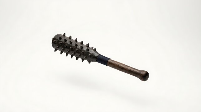Traditional japanese kanabo weapon featuring a heavy iron studded head and a dark wooden handle isolated against a white background