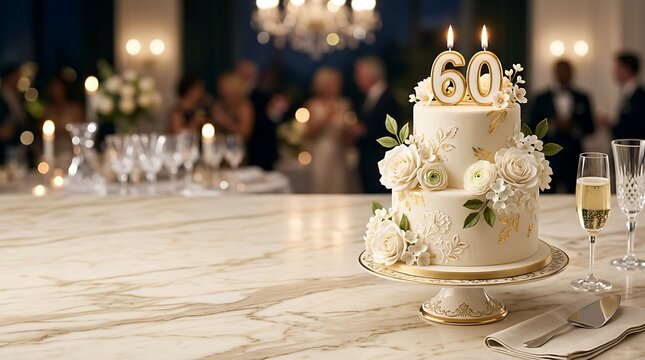 Elegant two tier white cake decorated with gold floral accents and glowing number sixty candles for a sixtieth anniversary celebration
