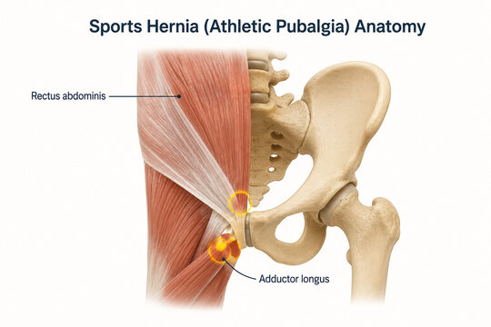 AI generated sports hernia anatomy illustration showing pelvic muscles pubic region rectus abdominis adductor longus for medical education healthcare training clinical reference
