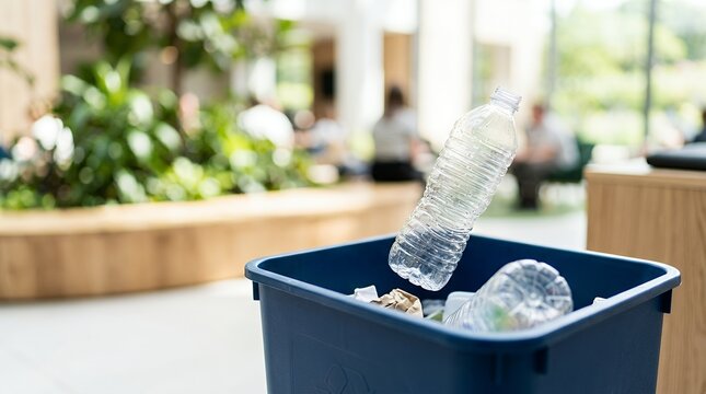 Empty plastic water bottle being thrown into a blue recycling bin in an office environment.