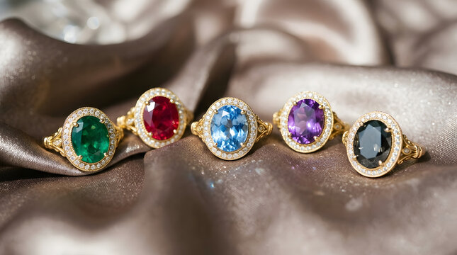 Collection of five luxury gemstone rings on soft silk fabric background