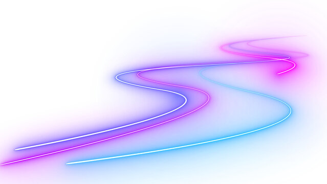 Futuristic glowing purple, blue neon laser line curve. Light trail wave, shapes speed effect style, internet optic fiber, energy, digital artworks in PNG.