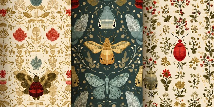 Three decorative panels feature intricate botanical motifs alongside detailed illustrations of colorful beetles and moths.
